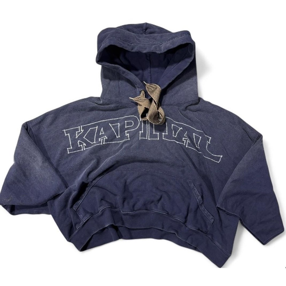 Kapital Hoodie Mens One Size Blue Cropped‎ Oversized Logo Pullover Fleece Japan